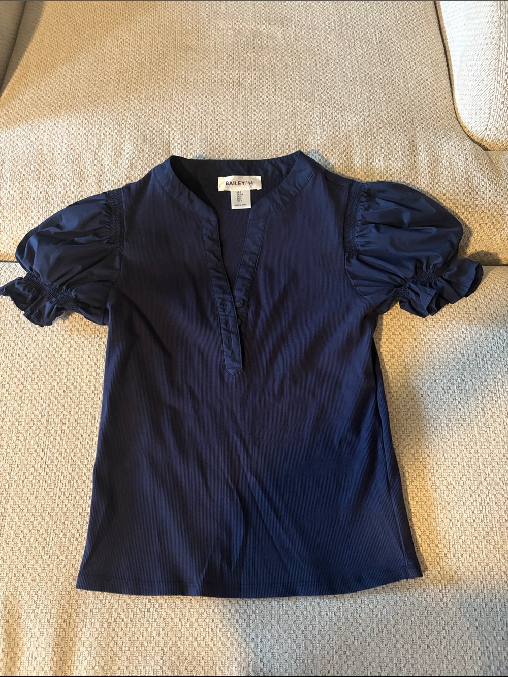 Bailey 44 Navy Puff-Sleeve Split-Neck Blouse navy blue